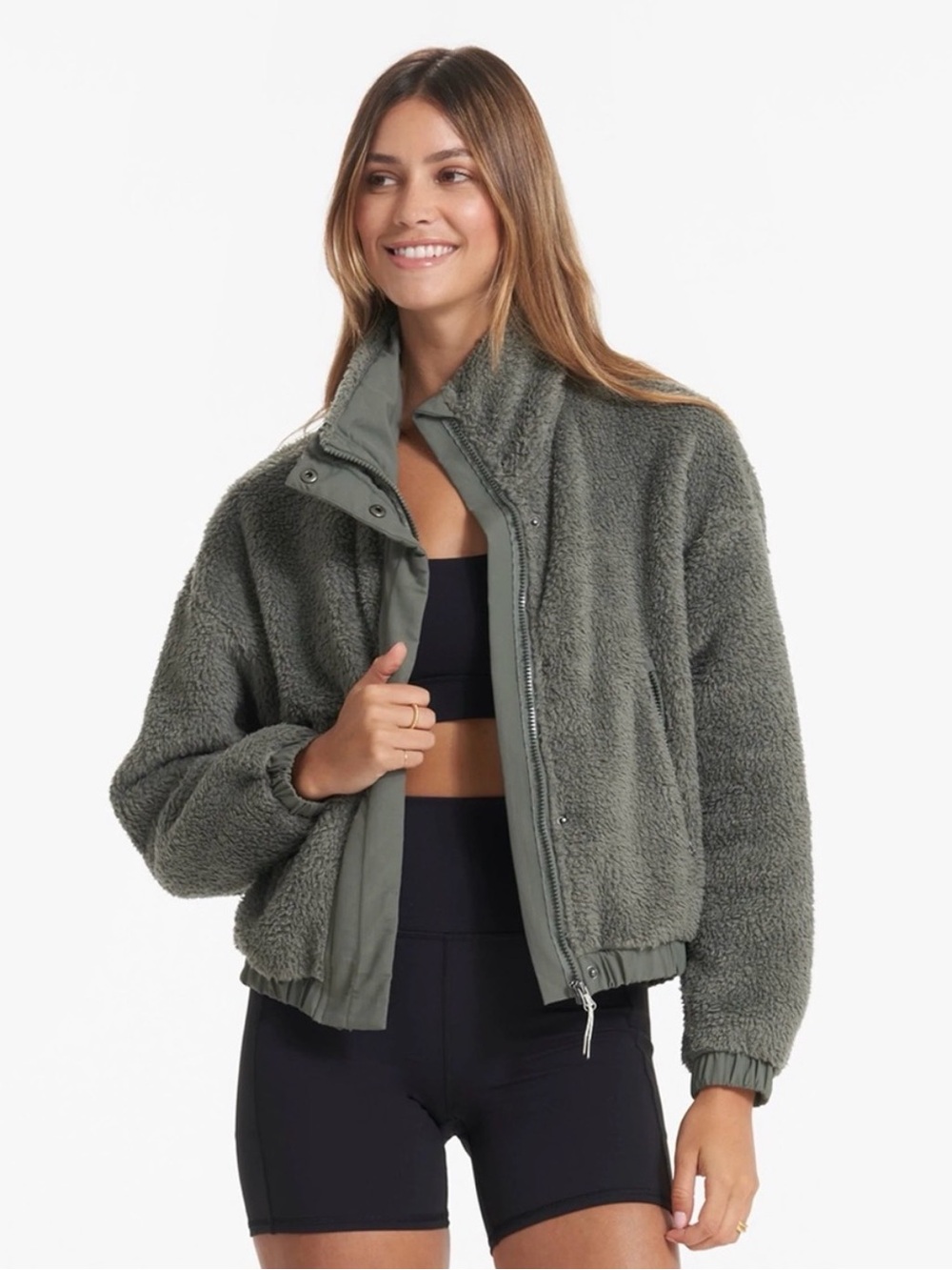 Vuori Women’s Sherpa Fleece Jacket Olive Green Full Zip High Pile Cozy Size L